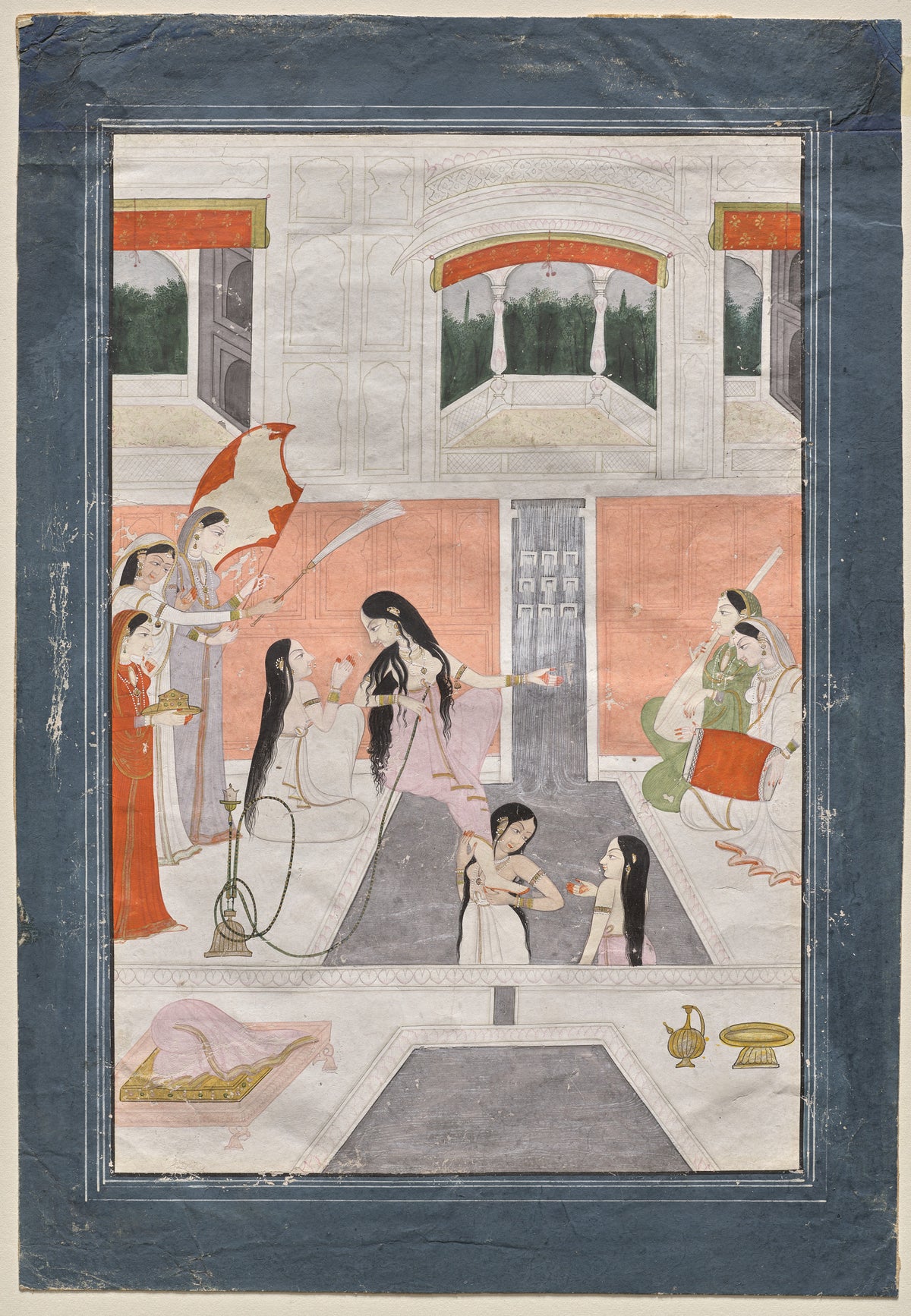 Palace Women Enjoy Music by the Side of a Cascade by Pahari school — Palace women bathe and listen to music beside a cascade