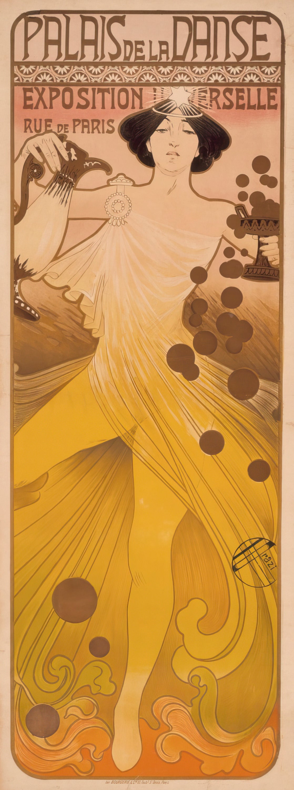 Palais de la Danse, Exposition Universelle by Manuel Orazi — A dancer in a yellow swirl pours from a ewer under a radiant star