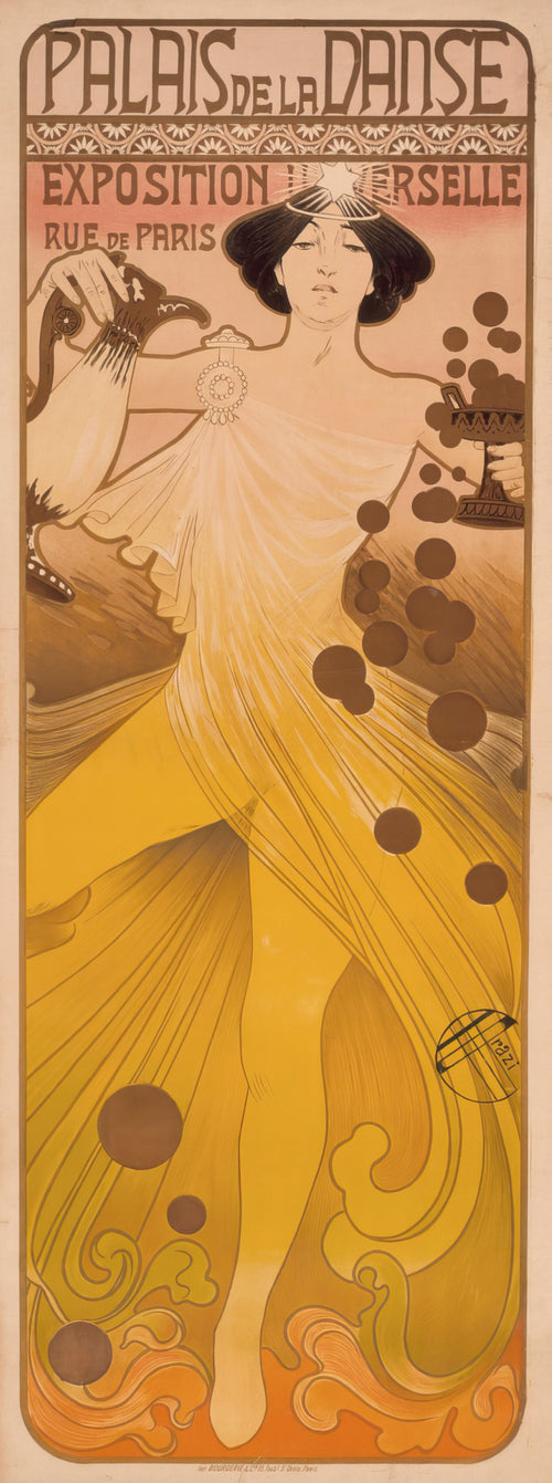 Palais de la Danse, Exposition Universelle by Manuel Orazi — A dancer in a yellow swirl pours from a ewer under a radiant star