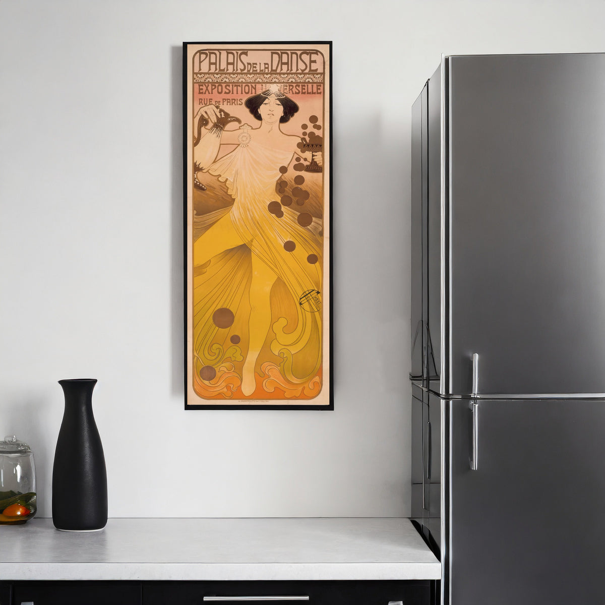 Framed art print of Palais de la Danse, Exposition Universelle by Manuel Orazi, on a kitchen wall
