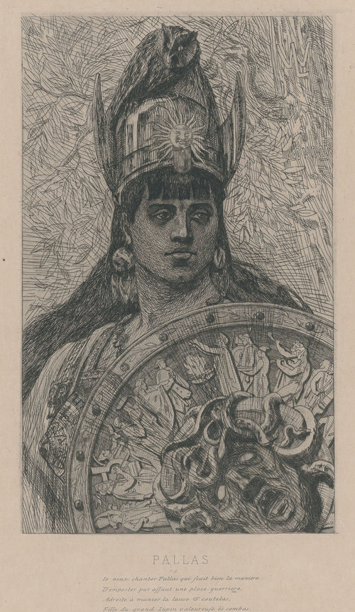 Pallas (13th state, with printed poem) by Félicien Rops — Pallas in a winged helmet with an owl, behind a shield of snakes