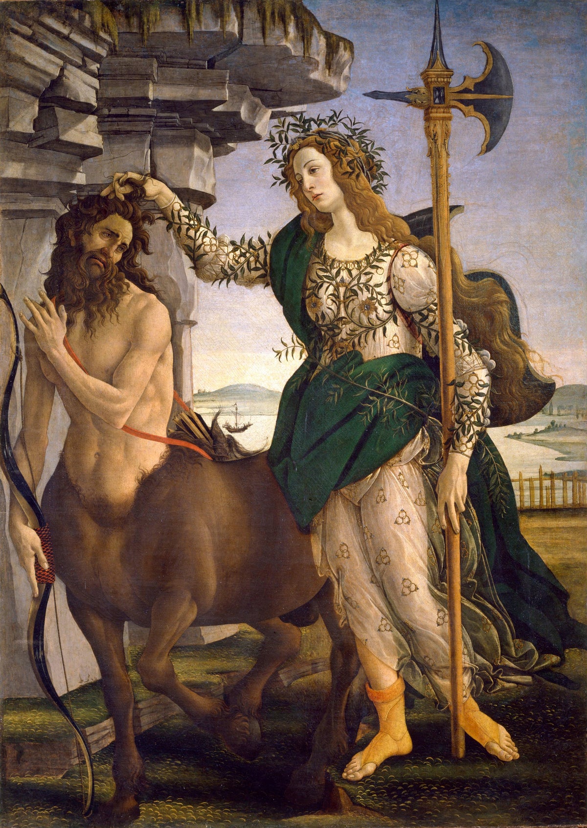 Pallas and the Centaur by Sandro Botticelli — A woman in white and green grips a centaur by the hair