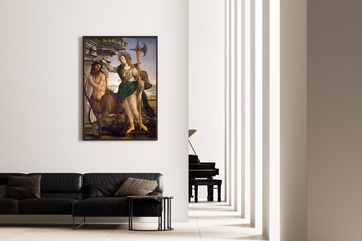 Framed art print of Pallas and the Centaur by Sandro Botticelli, on the wall of a minimal living room
