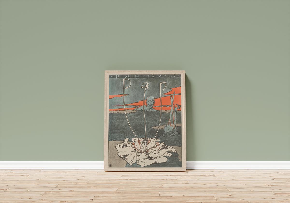 Framed art print of Pan by Joseph Sattler, in a light wood frame leaning on a sage green wall above a wooden floor