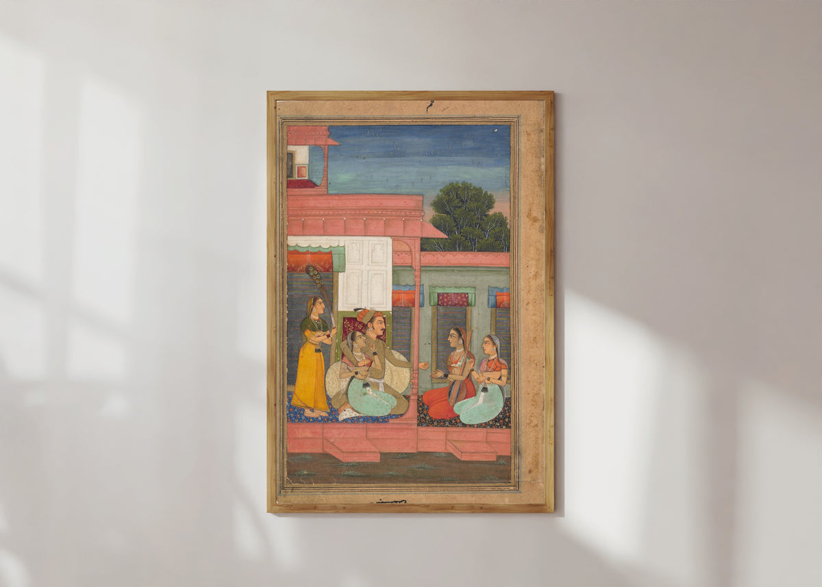 Framed art print of Panchama Ragini: Page from a Ragamala Series by Bikaner school, in a light wood frame on a sunlit white wall