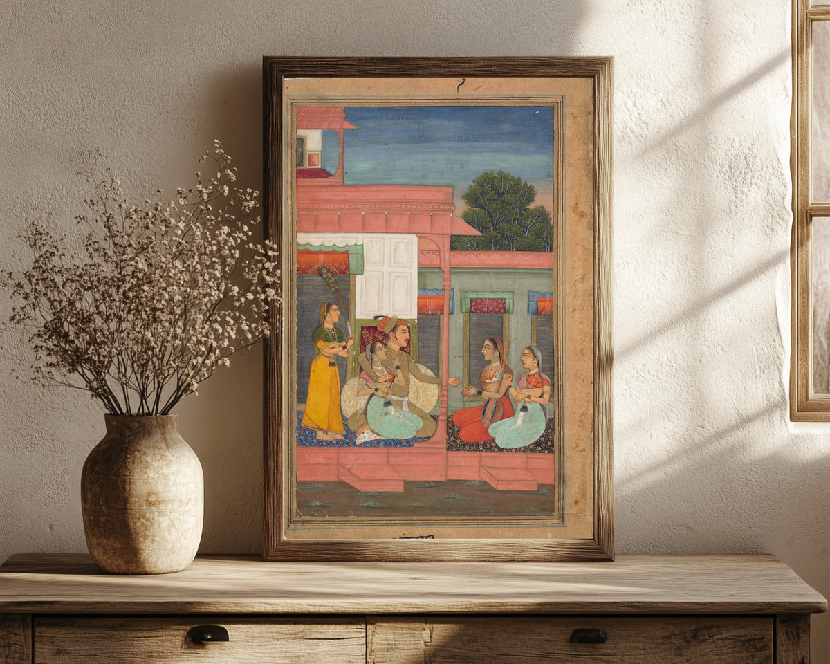 Framed art print of Panchama Ragini: Page from a Ragamala Series by Bikaner school, in a dark wood frame leaning on a rustic console beside dried flowers