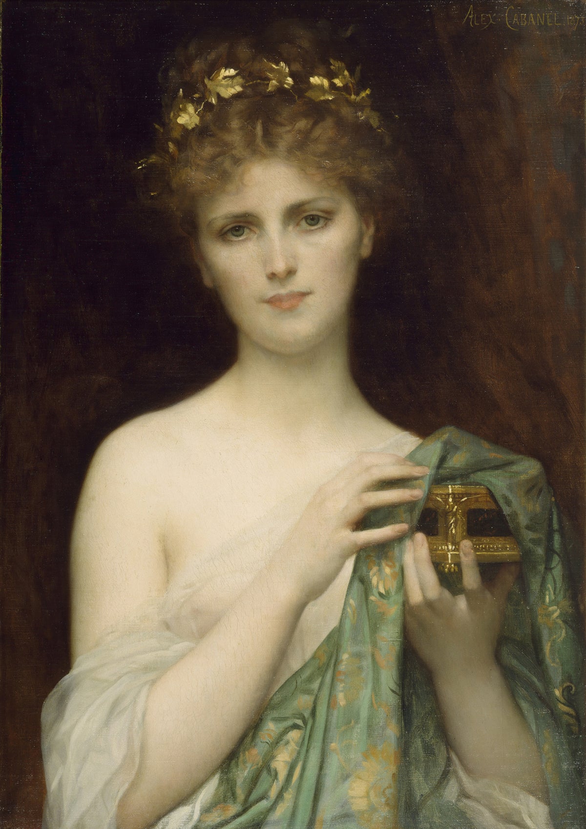 Pandora by Alexandre Cabanel — A woman crowned with gold leaves holds a small gilt box