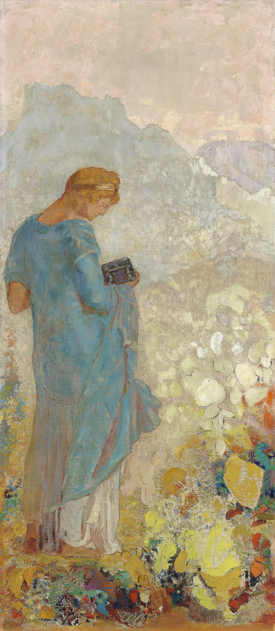 Odilon Redon — Pandora | Symbolist Art Print shown to scale on a wall above a sofa