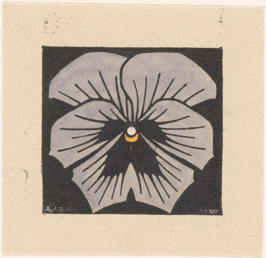 Julie de Graag — Pansy | Woodcut Print shown to scale on a wall above a sofa