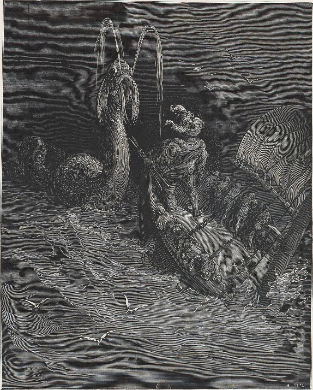 Gustave Doré — Pantagruel Fights the Physeter | Wood Engraving Print