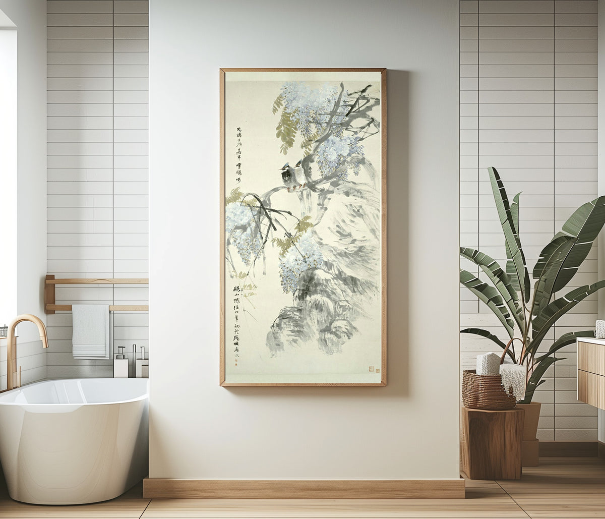 Paradise Flycatchers and Wisteria by Ren Yi — framed in a bathroom beside a freestanding tub