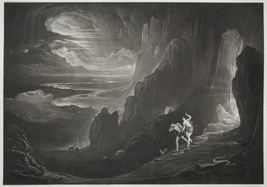 John Martin — Paradise Lost: Adam and Eve Driven out of Paradise | Mezzotint Print shown to scale on a wall above a sofa