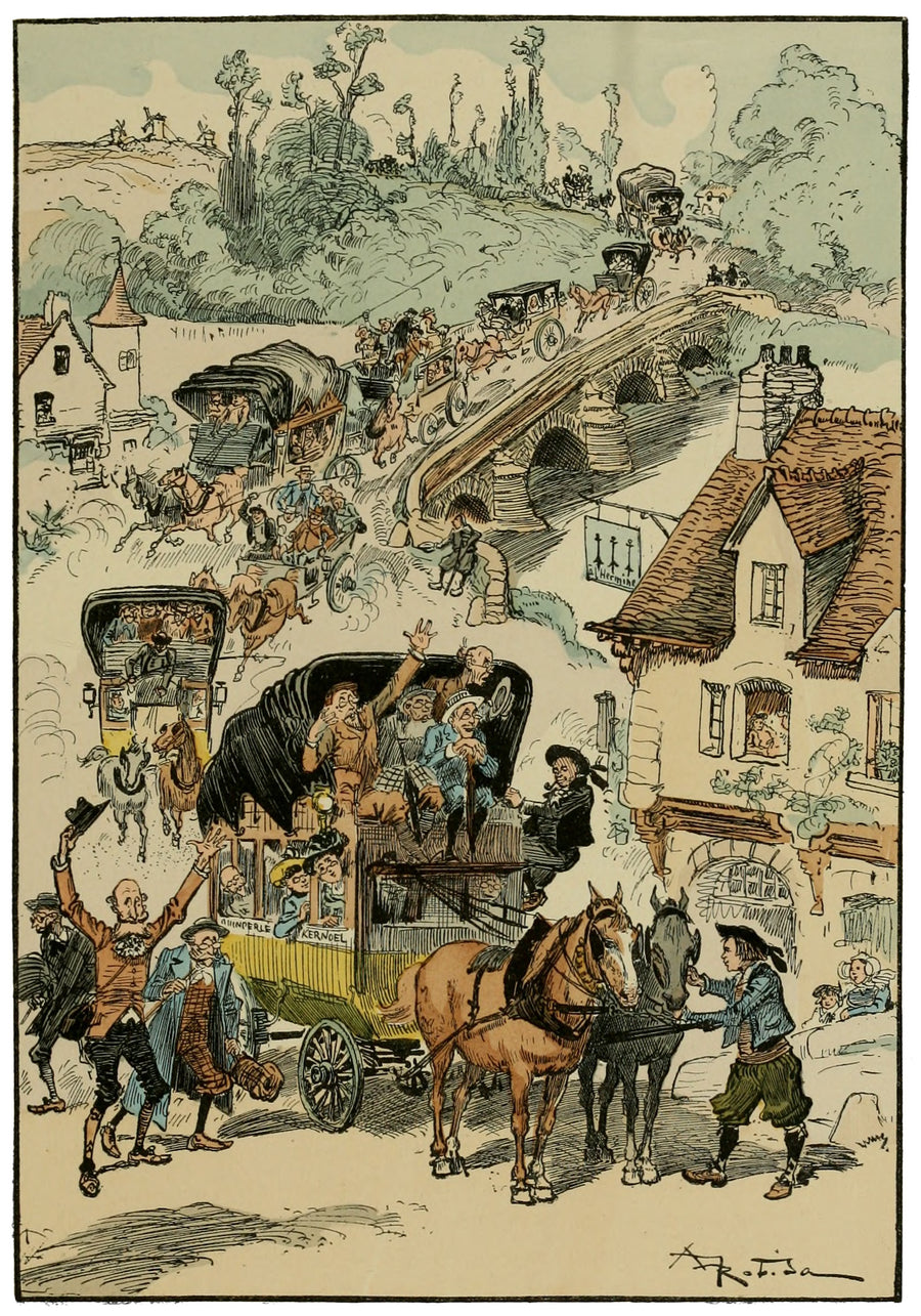 Albert Robida — Parc national. — L’arrivée des énervés | Vintage Illustration Print shown to scale on a wall above a sofa