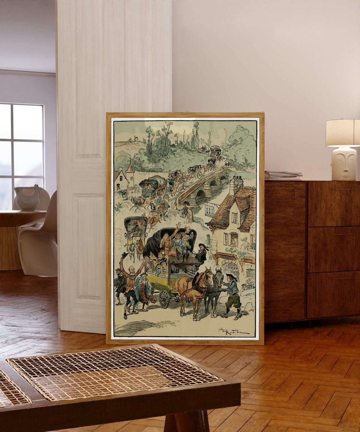 Framed art print of L’arrivée des énervés by Albert Robida, in a light wood frame leaning in a warm room with a parquet floor