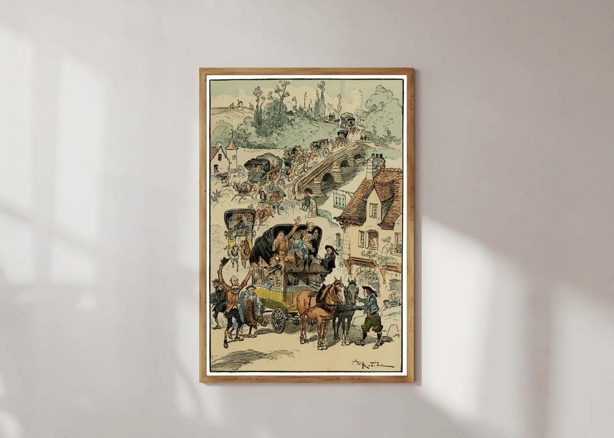 Framed art print of L’arrivée des énervés by Albert Robida, in a light wood frame on a sunlit white wall