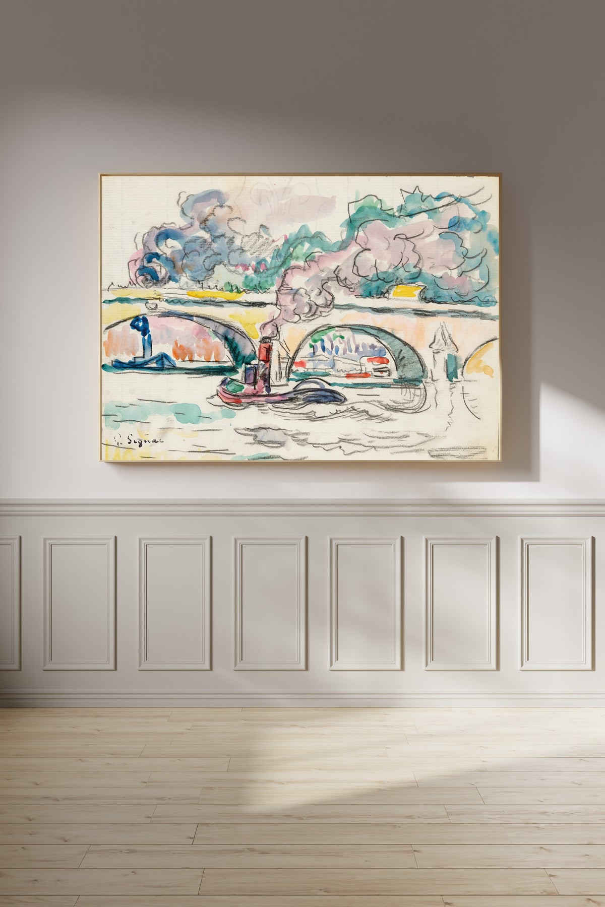 Framed art print of Paris, Le Pont-Royal by Paul Signac, on a panelled wall in afternoon light