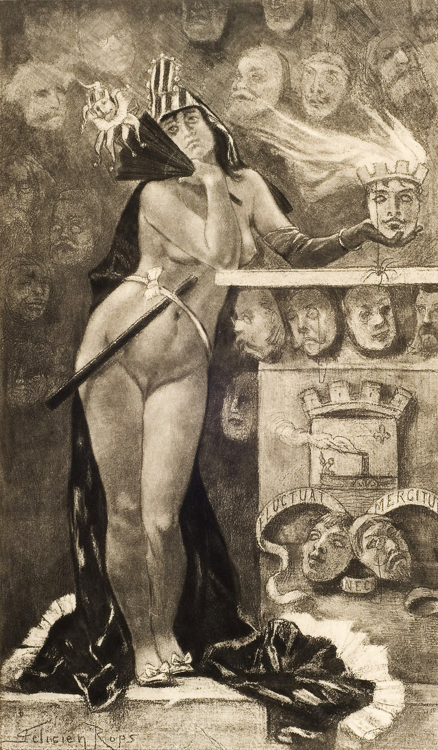 Félicien Rops — Parisian Masks | Etching Print shown to scale on a wall above a sofa