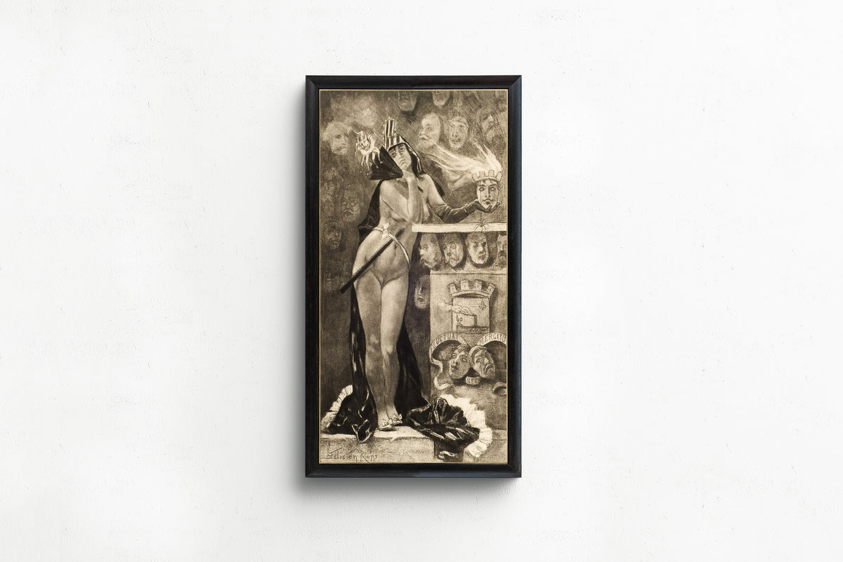 Framed art print of Parisian Masks by Félicien Rops, in a slim black frame on a plain white wall