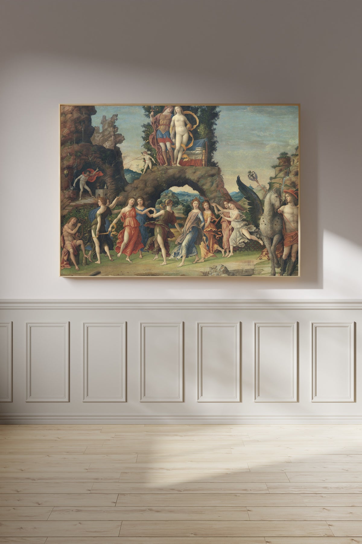 Framed art print of Parnassus by Andrea Mantegna, on a panelled wall in afternoon light