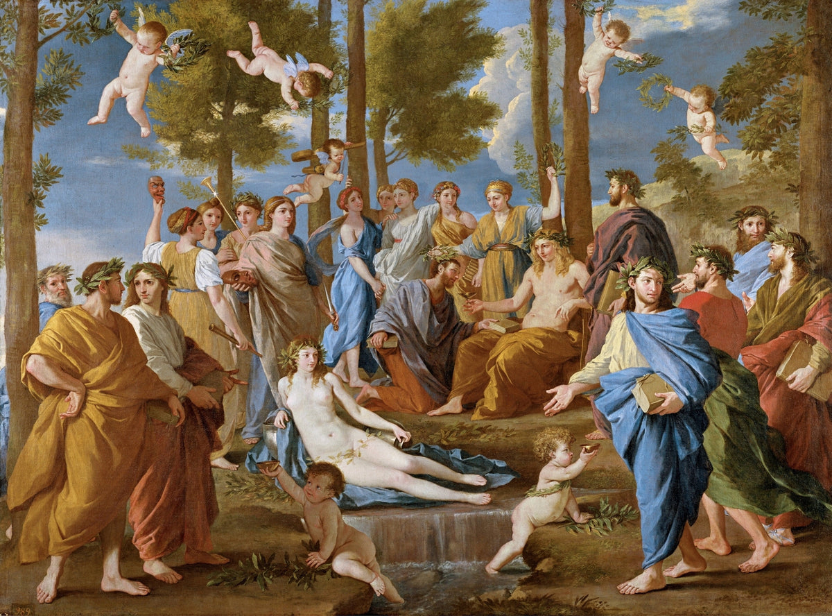 Parnassus by Nicolas Poussin — Laurel-crowned figures gather around a seated man on a wooded hillside