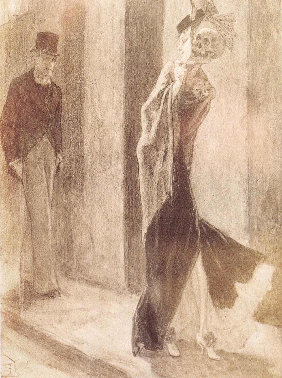 Parodie humaine by Félicien Rops — A woman in black holds a pretty mask before her grinning skull