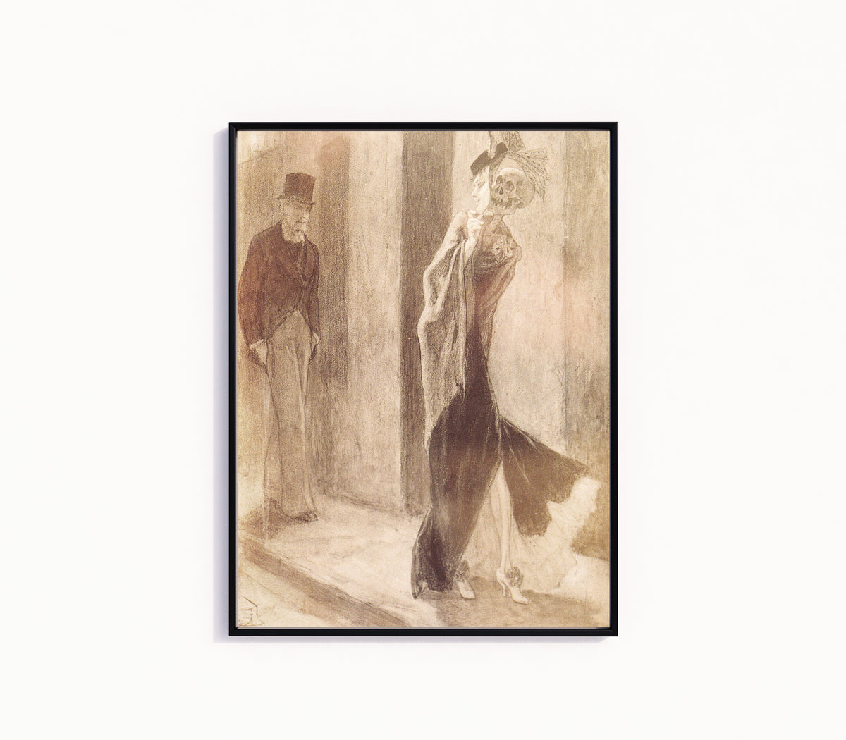Framed art print of Parodie humaine by Félicien Rops, in a slim black frame on a plain white wall