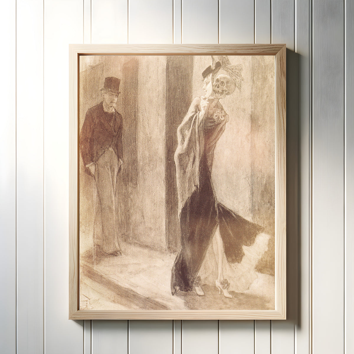 Framed art print of Parodie humaine by Félicien Rops, in a light wood frame on a white panelled wall