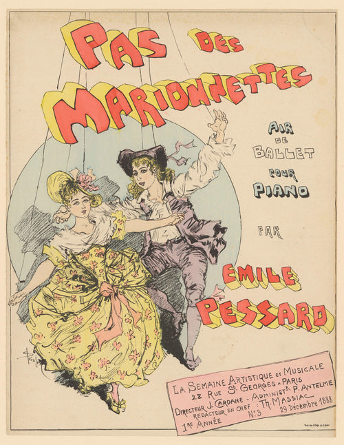 Pas des marionnettes, air de ballet pour piano par Émile Pessard by Théophile Steinlen — Two marionettes dance on strings inside a pale blue circle