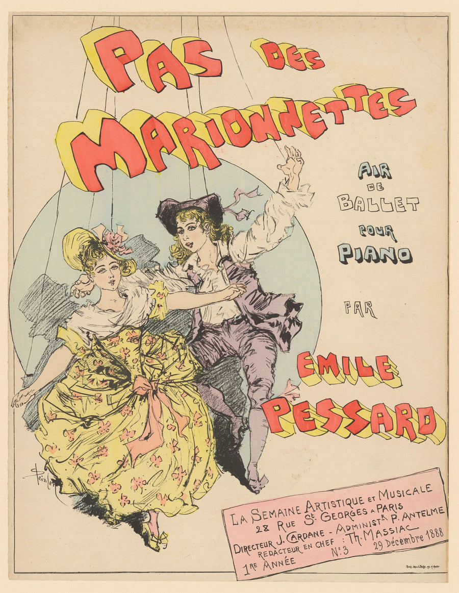 Théophile Steinlen — Pas des marionnettes, air de ballet pour piano par Émile Pessard | Vintage Poster Print shown to scale on a wall above a sofa