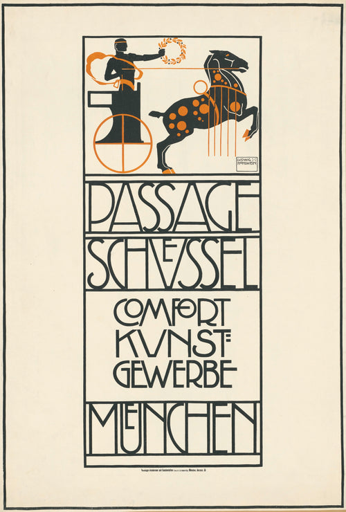 Passage Schüssel: Comfort Kunstgewerbe, München by Ludwig Hohlwein — A black charioteer raises a laurel wreath behind a spotted horse