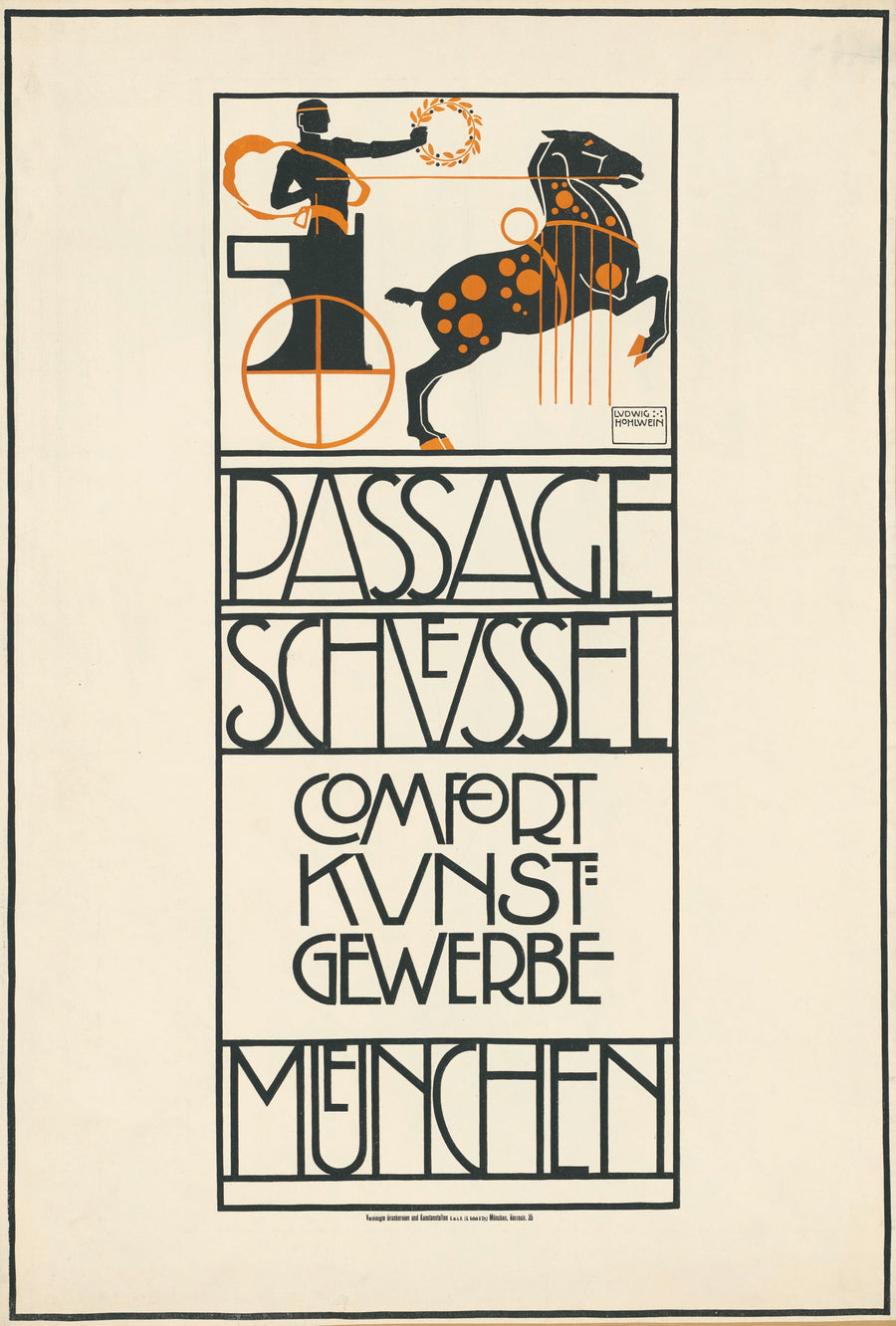 Ludwig Hohlwein — Passage Schüssel: Comfort Kunstgewerbe, München | Vintage Poster Print shown to scale on a wall above a sofa