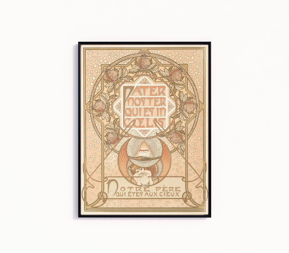 Framed art print of Pater Noster by Alphonse Mucha, in a slim black frame on a plain white wall