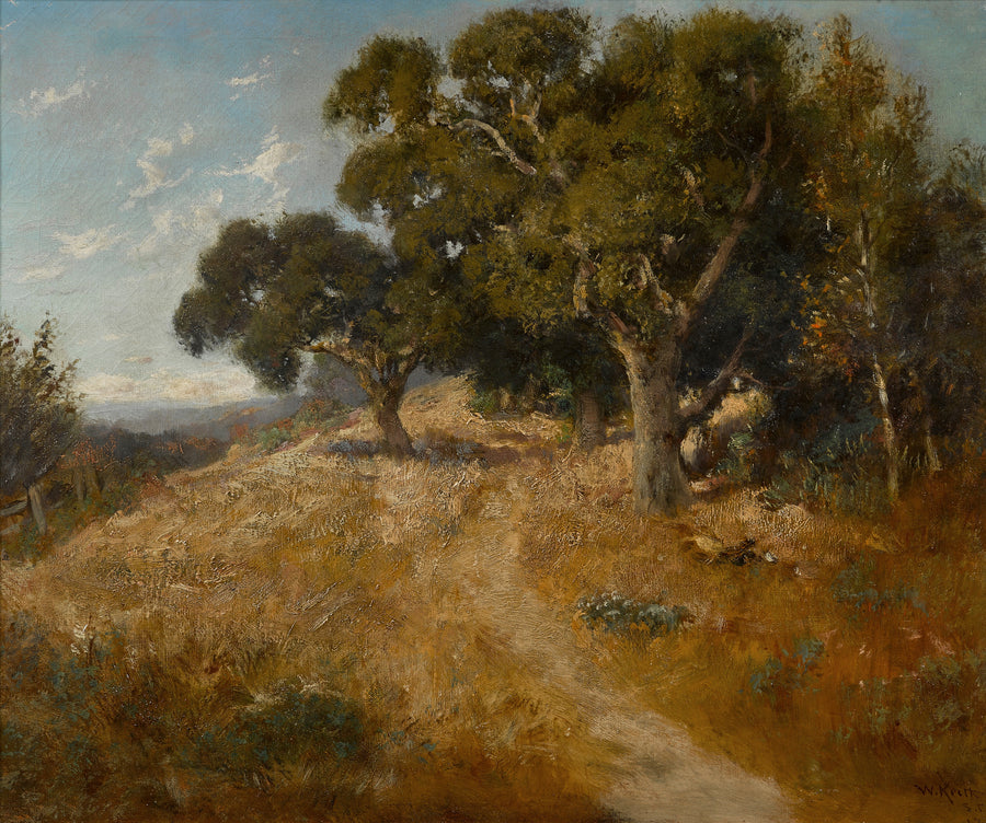 William Keith — Path through California Oaks | Landscape Fine Art Print shown to scale on a wall above a sofa