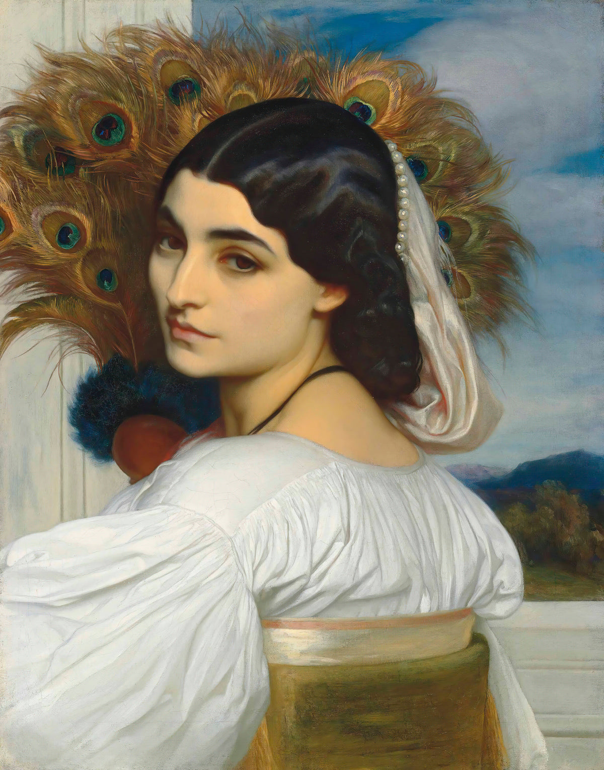 Pavonia by Frederic Leighton — A dark-haired woman glances back before a fan of peacock feathers