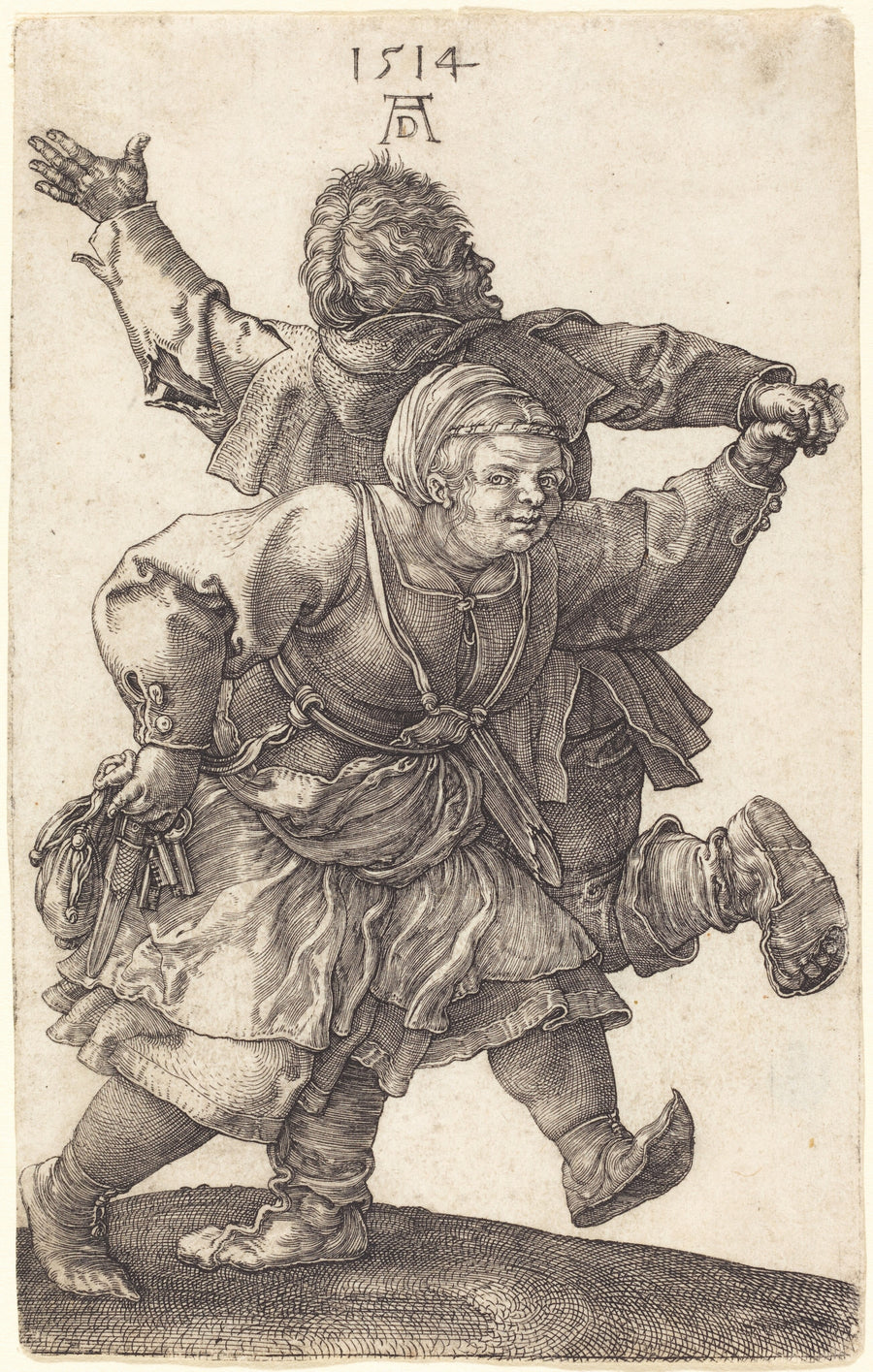 Albrecht Dürer — Peasant Couple Dancing | Engraving Print shown to scale on a wall above a sofa
