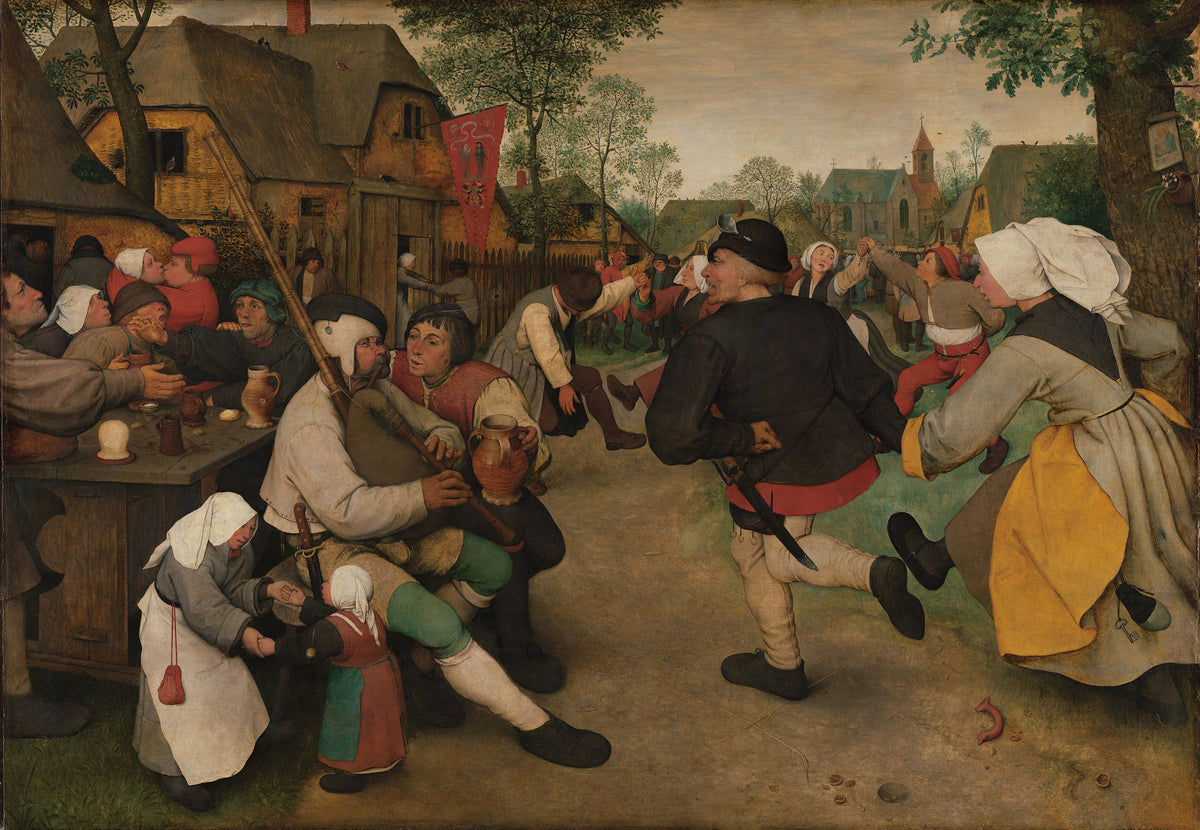 Peasant Dance by Pieter Bruegel the Elder — Villagers stamp and spin at a country fair beneath a church tower
