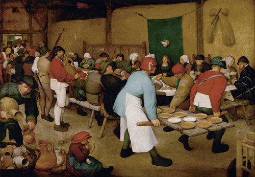 Peasant Wedding by Pieter Bruegel the Elder — Guests crowd a barn table as bowls of porridge arrive on a plank