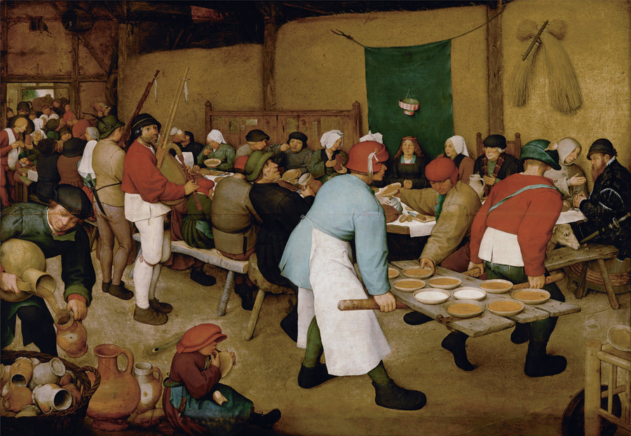 Pieter Bruegel the Elder — Peasant Wedding | Fine Art Print shown to scale on a wall above a sofa