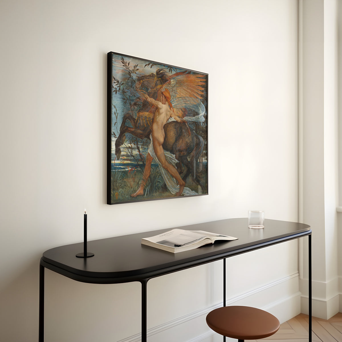 Framed art print of Pegasus by Walter Crane, above a slim black console table
