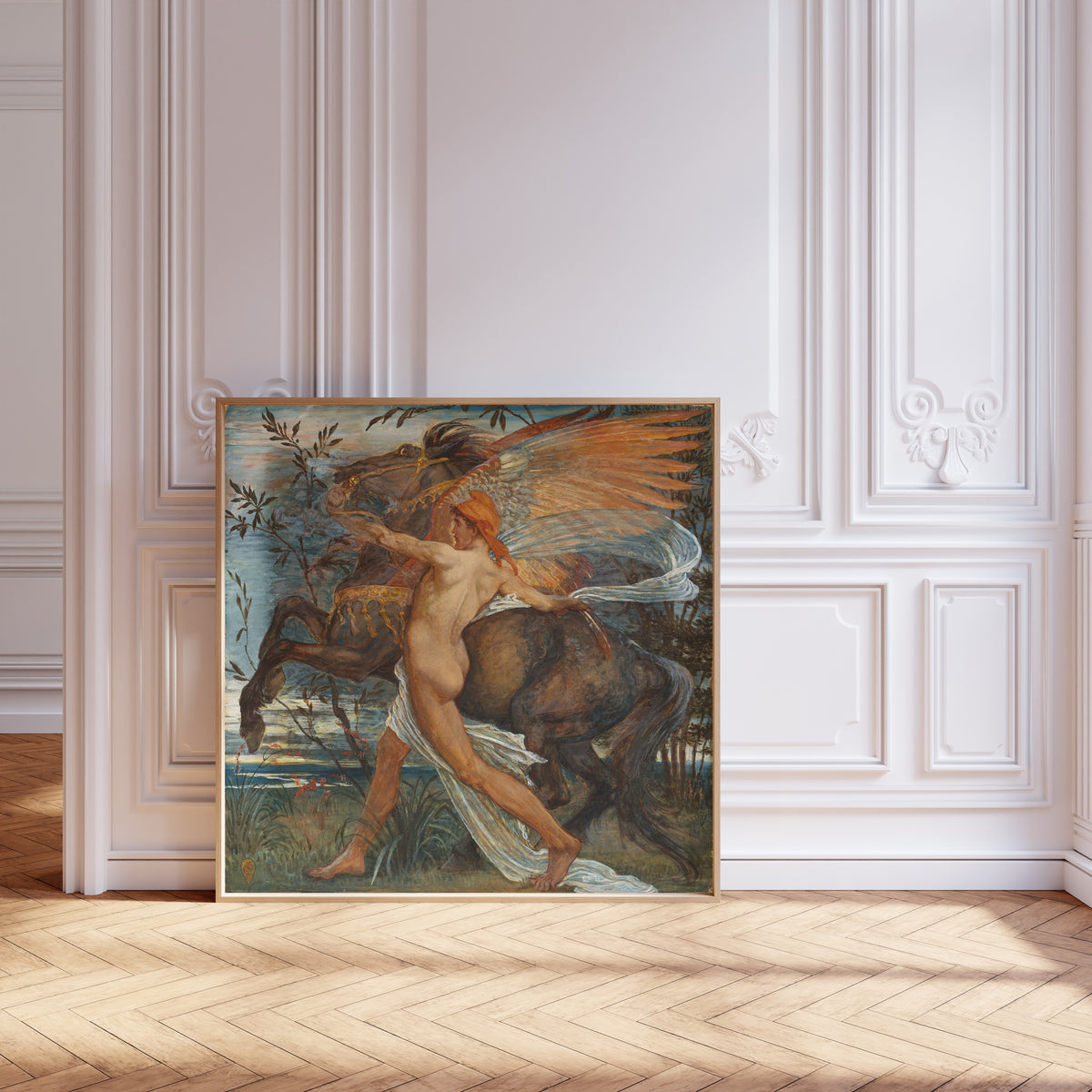 Framed art print of Pegasus by Walter Crane, leaning against pale pink panelling on a herringbone floor