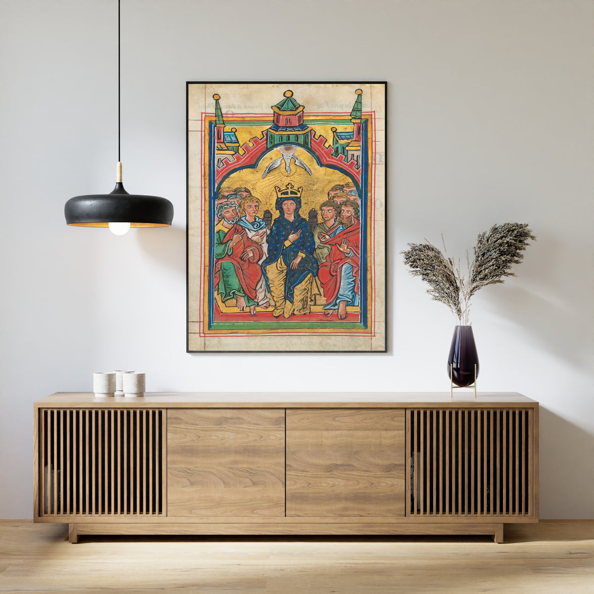 Framed art print of Pentecost (Crowned Virgin), above a slatted wood sideboard
