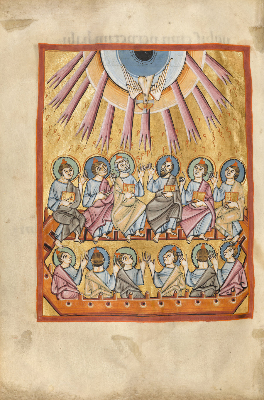 Pentecost (Rays from Heaven) | Illuminated Manuscript Print shown to scale on a wall above a sofa