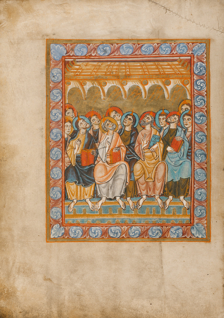 Pentecost (Tongues of Fire) | Illuminated Manuscript Print shown to scale on a wall above a sofa