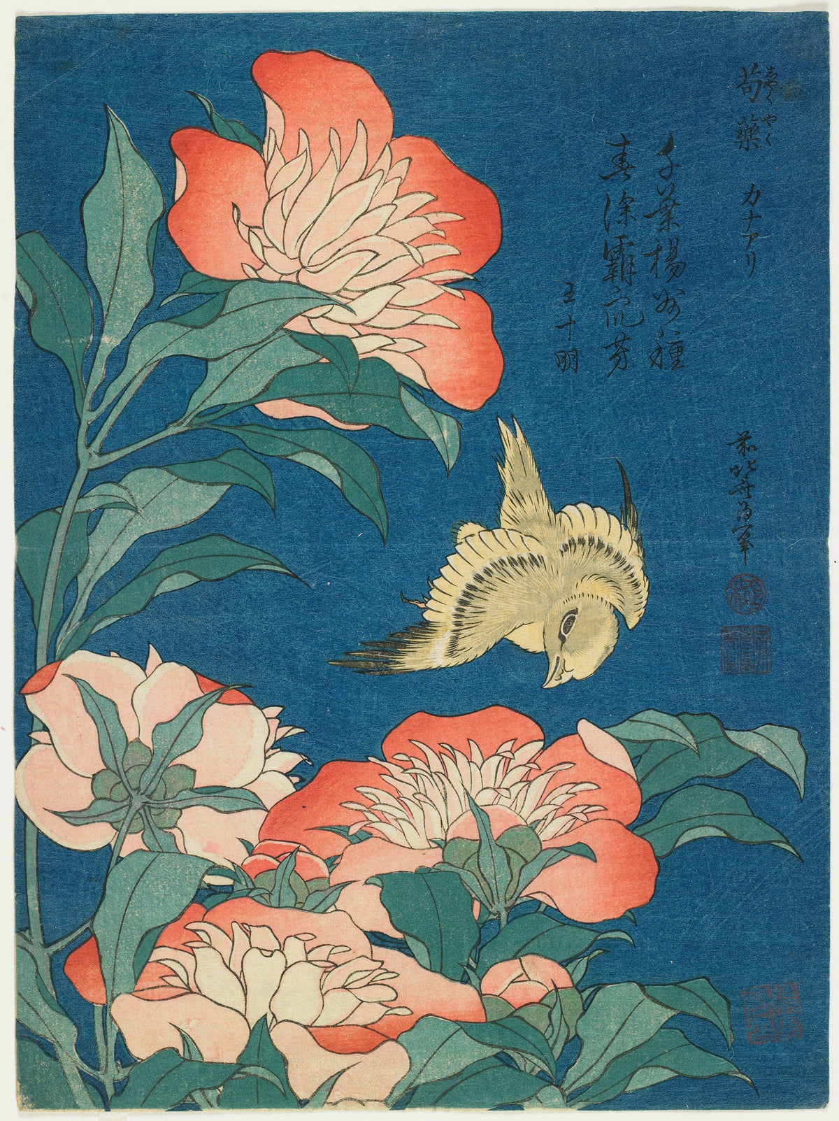 Katsushika Hokusai — Peonies and Canary | Japanese Woodblock Print (Ukiyo-e)