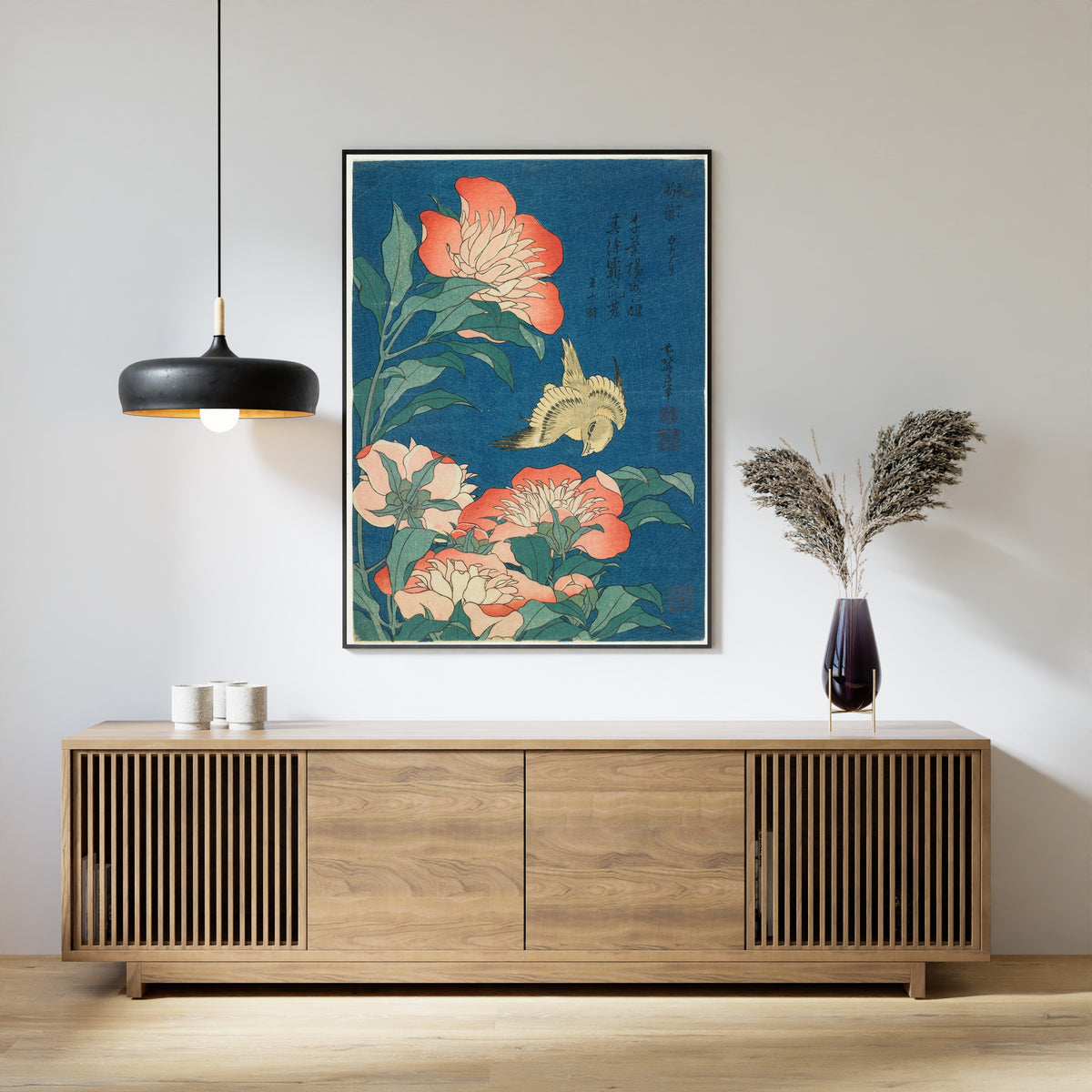 Katsushika Hokusai — Peonies and Canary | Japanese Woodblock Print (Ukiyo-e)
