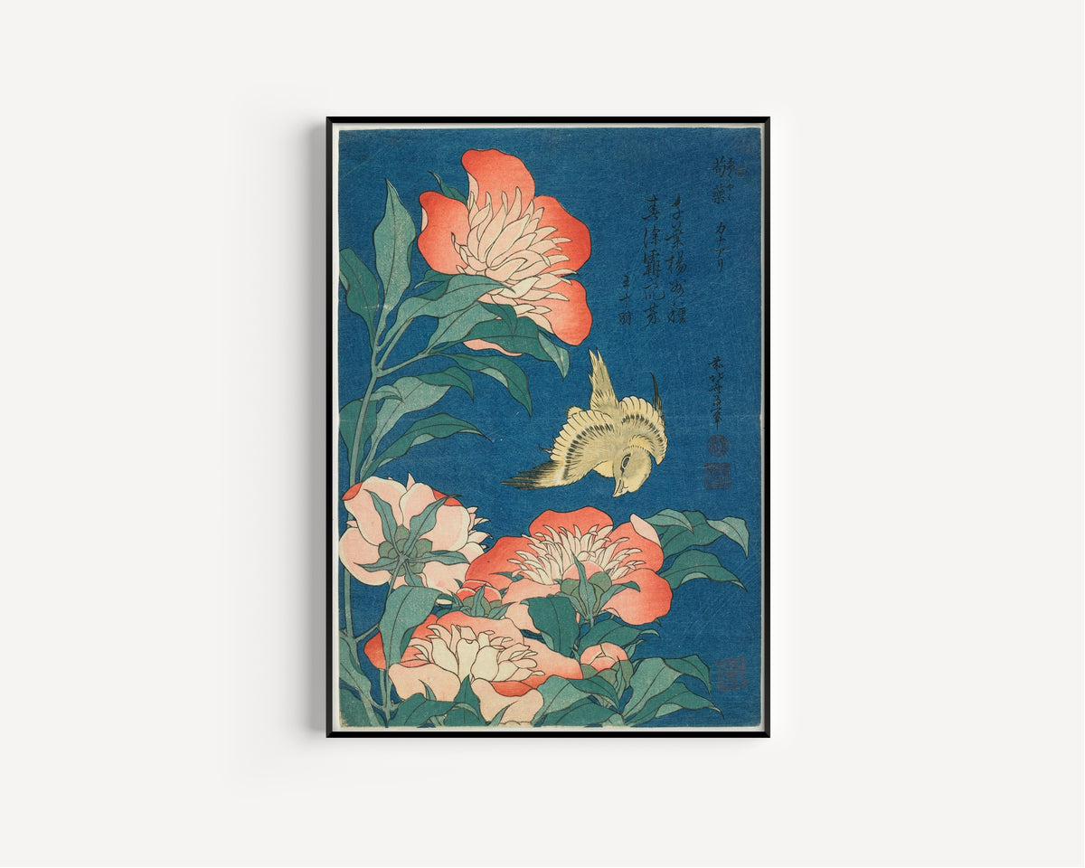 Katsushika Hokusai — Peonies and Canary | Japanese Woodblock Print (Ukiyo-e)