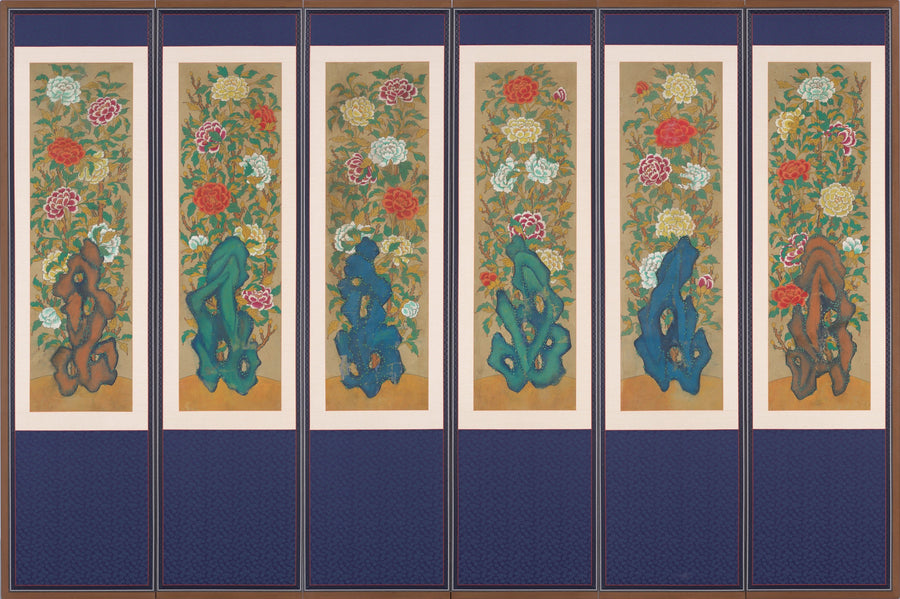 Korean minhwa painter (unidentified) — Peonies and Rocks | Korean Painting Art Print shown to scale on a wall above a sofa