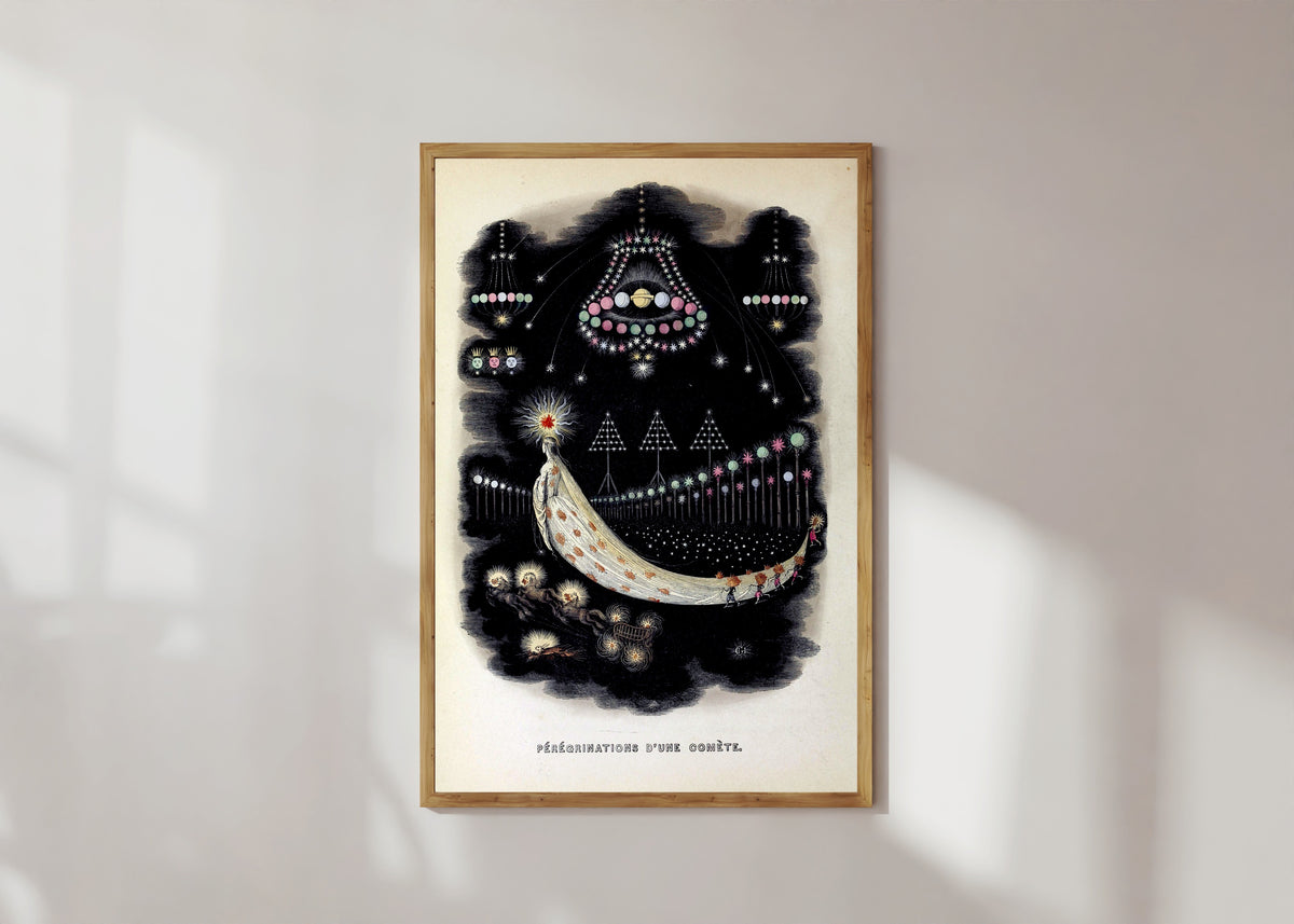 Framed art print of Peregrinations d'une comete by J. J. Grandville, in a light wood frame on a sunlit white wall