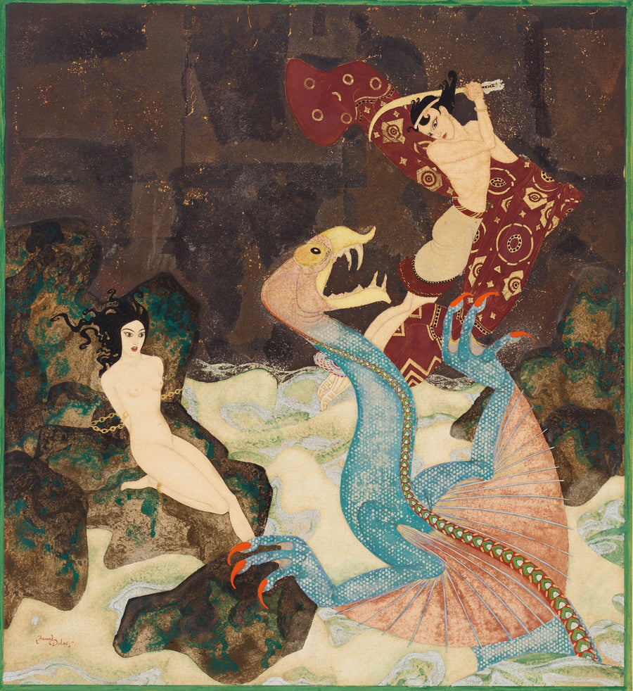 Edmund Dulac — Perseus and Andromeda | Fairy Tale Illustration Print shown to scale on a wall above a sofa