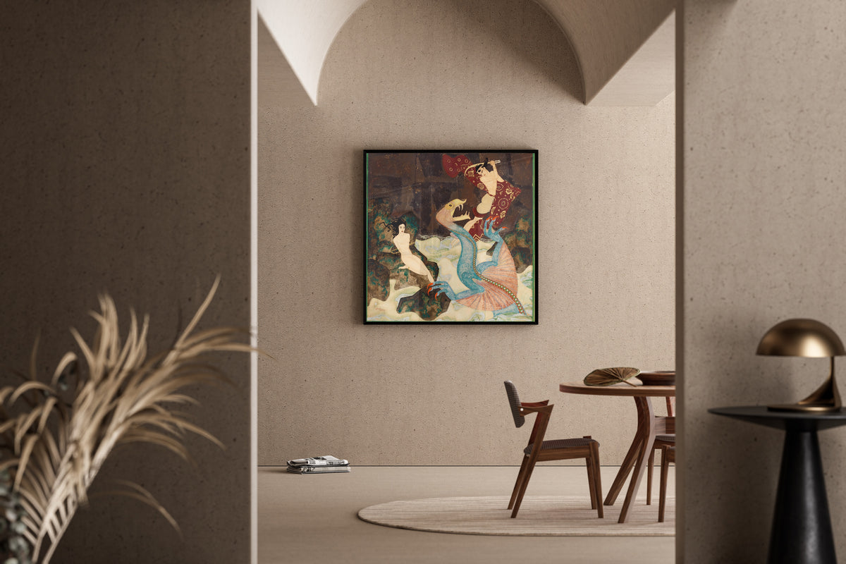 Framed art print of Perseus and Andromeda by Edmund Dulac, in a sunlit dining corner